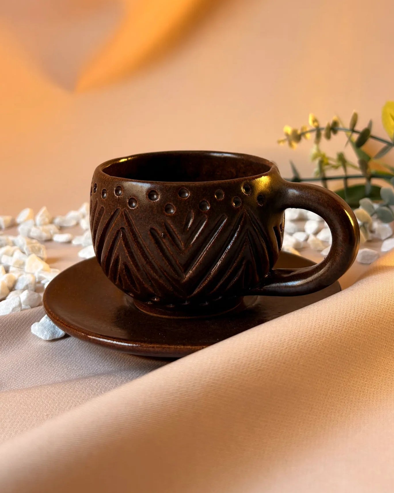 Handcrafted Browny cup in burnt brown, 100 ML mug by Stonia.